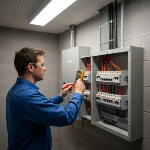 electrician testing voltage at a commercial electrical panel using a digital multimeter