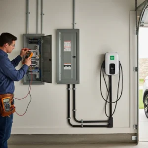 Electrician testing wiring inside a residential electrical panel near a wall-mounted EV charger in a garage