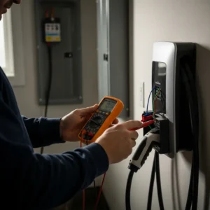Electrician testing voltage on a wall‑mounted EV charger in a residential garage