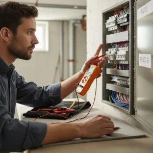 Electrician testing voltage at a residential electrical panel with a digital multimeter