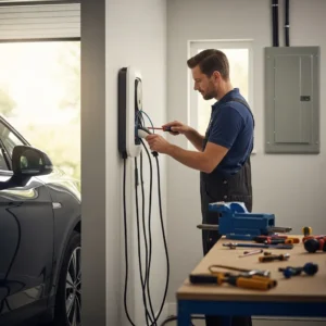 Electrician installing a wall‑mounted EV charger in a residential garage near an electrical panel