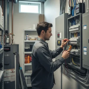 Electrician testing wiring connections inside a residential electrical panel with a multimeter