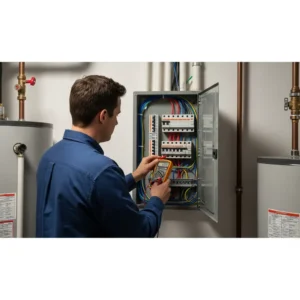 Electrician testing voltage at a residential electrical panel using a digital multimeter