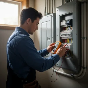 Electrician testing voltage at a residential electrical panel with a digital multimeter