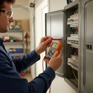 Electrician testing voltage at a residential electrical panel with a digital multimeter