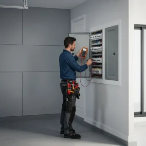 Electrician testing voltage at a residential electrical panel using a digital multimeter