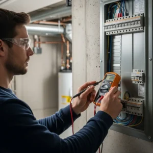 Electrician testing voltage at a residential electrical panel using a digital multimeter