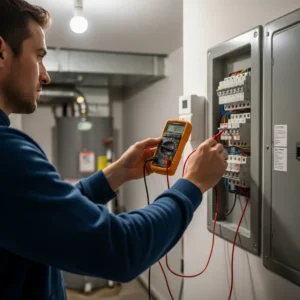Electrician testing voltage at a residential electrical panel using a digital multimeter